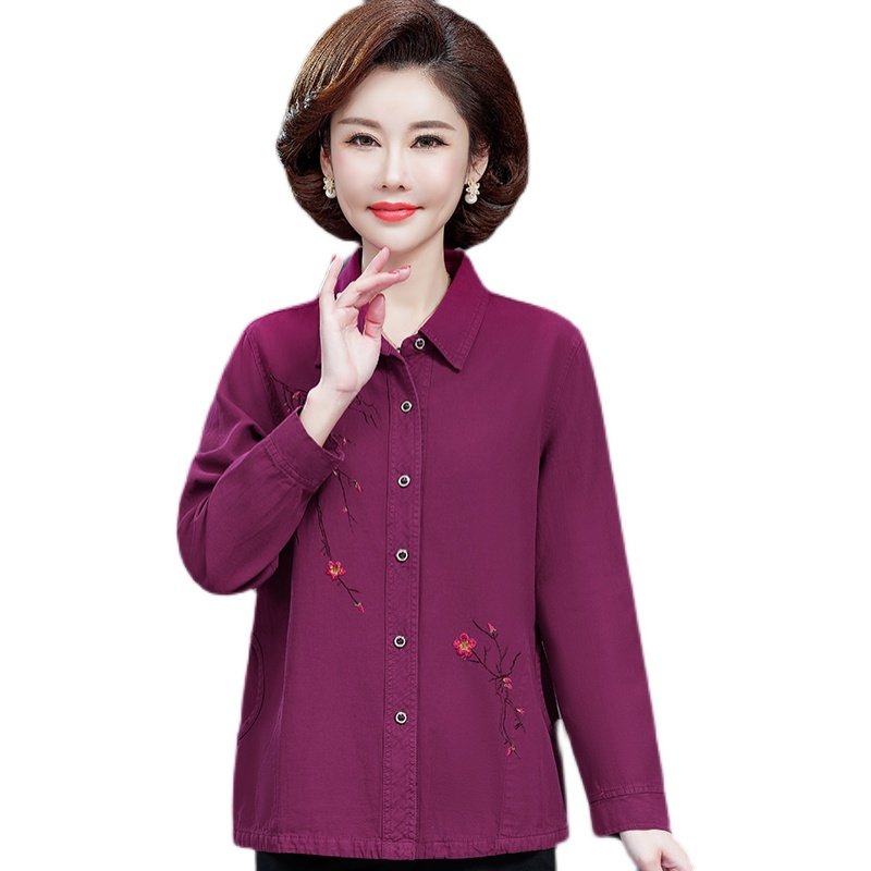 妈妈秋装女衬衫新款老太太全棉水洗春秋上衣60岁中老年女装