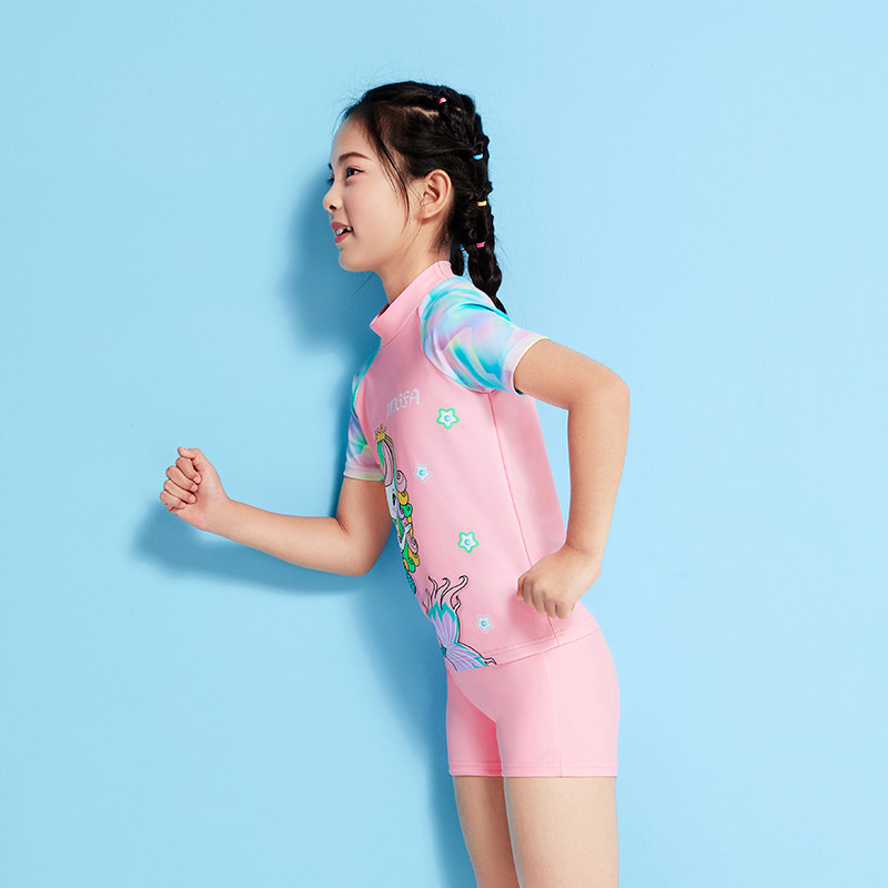 英发女童泳衣分体短袖粉嫩人鱼图案休闲玩水儿童泳衣