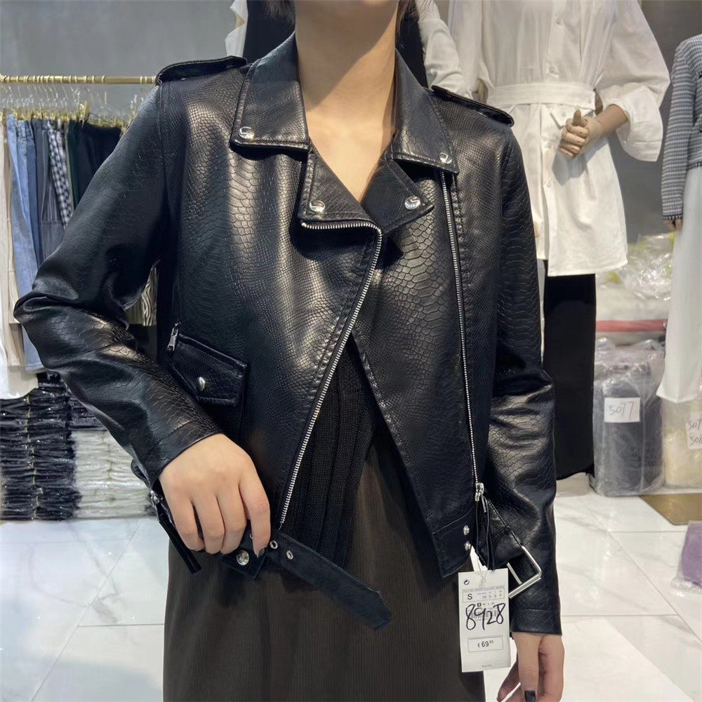 春秋质感外套皮外女式机车腰带皮夹克新短款蛇皮皮衣