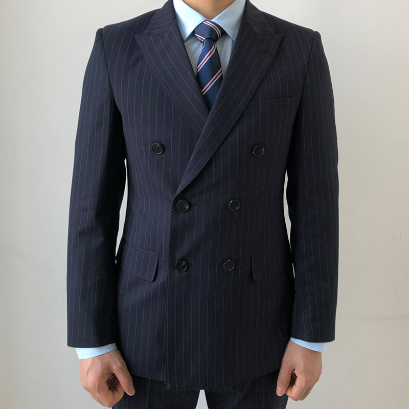条纹ricodesign王牌特工kingsman同款双排深蓝竖条羊毛西服套装