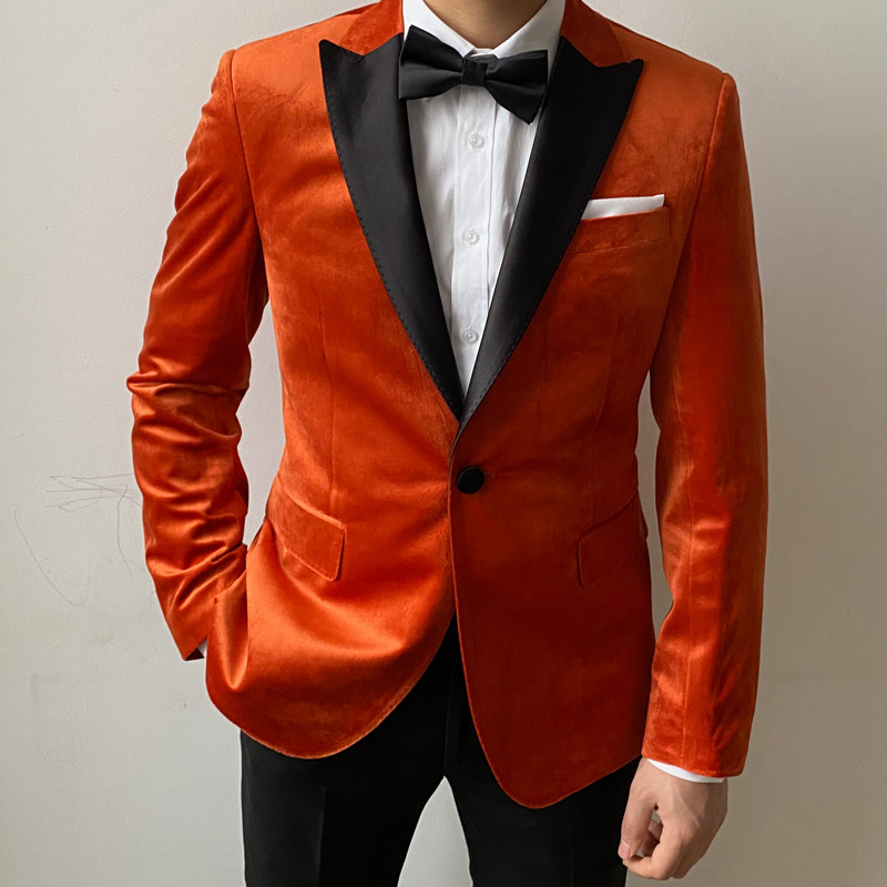 定制kingsman王牌特工橙色西服定做天鹅绒橘色新郎西服