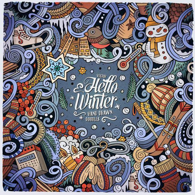x17冬天冬季圣诞节元旦新年情人节手绘涂鸦海报设计素材