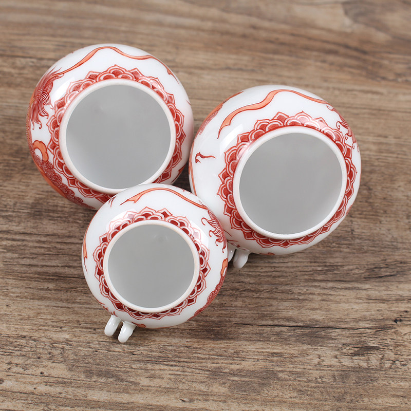 华胜堂 景德镇手绘矾红狮子图川笼罐鸟食罐画眉缸鸟杯 鸟笼配件