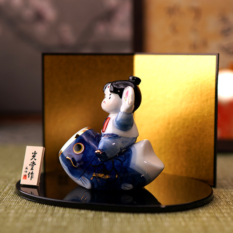 日本药师窑进口染锦锦鲤桃太郎人偶摆件创意陶瓷摆件