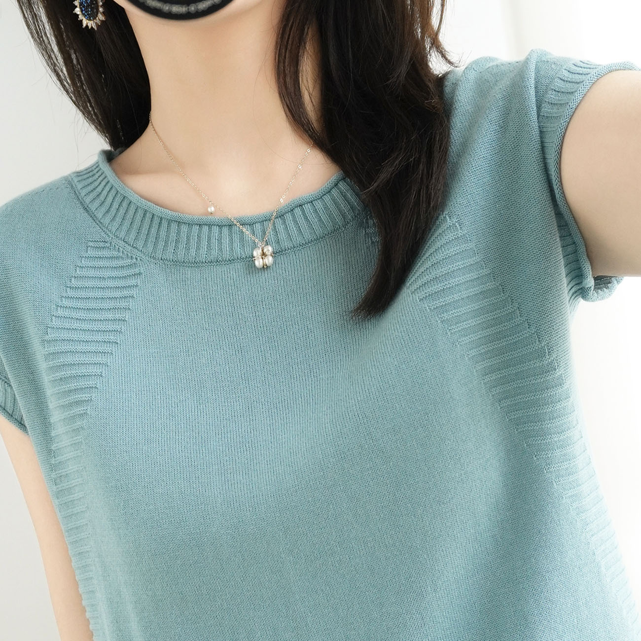 2021新款全棉麻针织薄短袖t恤女圆领宽松简约镂空套头打底衫上衣