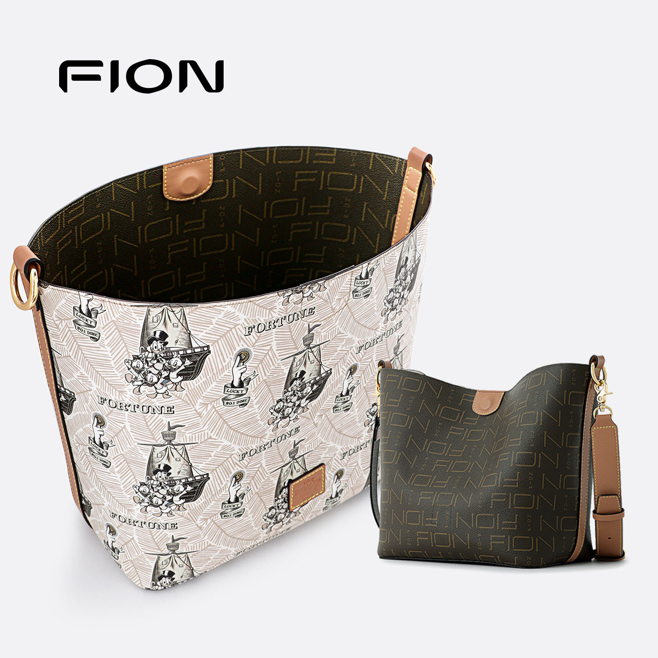 fion菲安妮唐老鸭联名水桶包包女2023新款单肩大容量水桶包