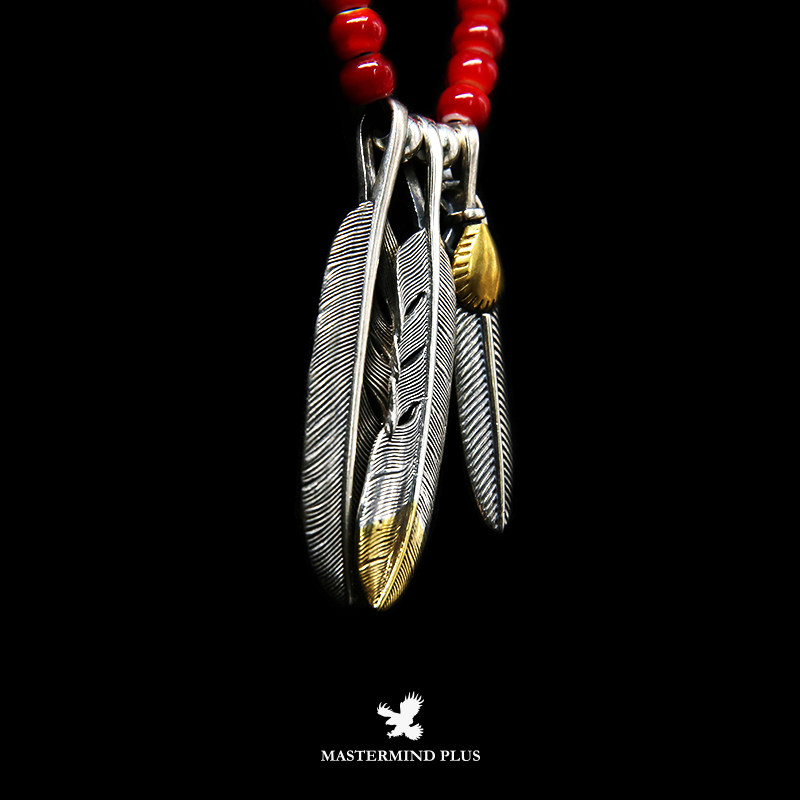 mastermindpluss925纯银手工琉璃上金羽毛鹿皮项链项链