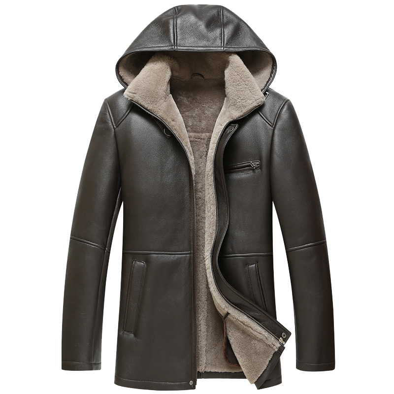 原生态皮毛一体男装加厚男士带帽外套中年真皮皮衣