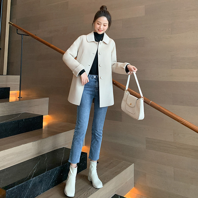 米白色小个子双面羊绒大衣女2023新款秋冬修身时尚毛呢子大衣外套