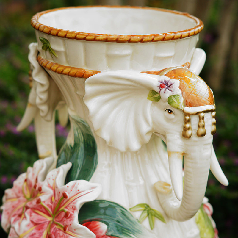 百合大象双耳落地花瓶东南亚风格陶瓷大号欧式花瓶