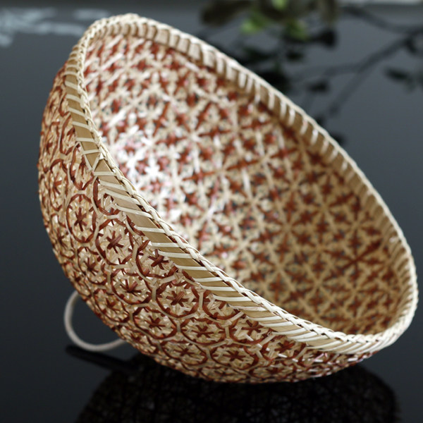 新品 创意手工天然竹编点心篮子 带盖收菜框 环保水果花纹篮篓