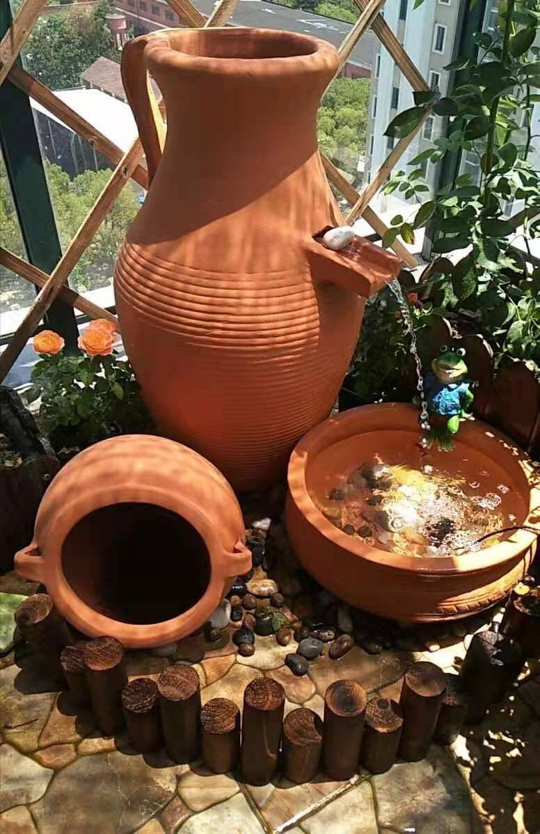 陶罐水景阳台流水组合红陶花盆红泥设计花园花盆