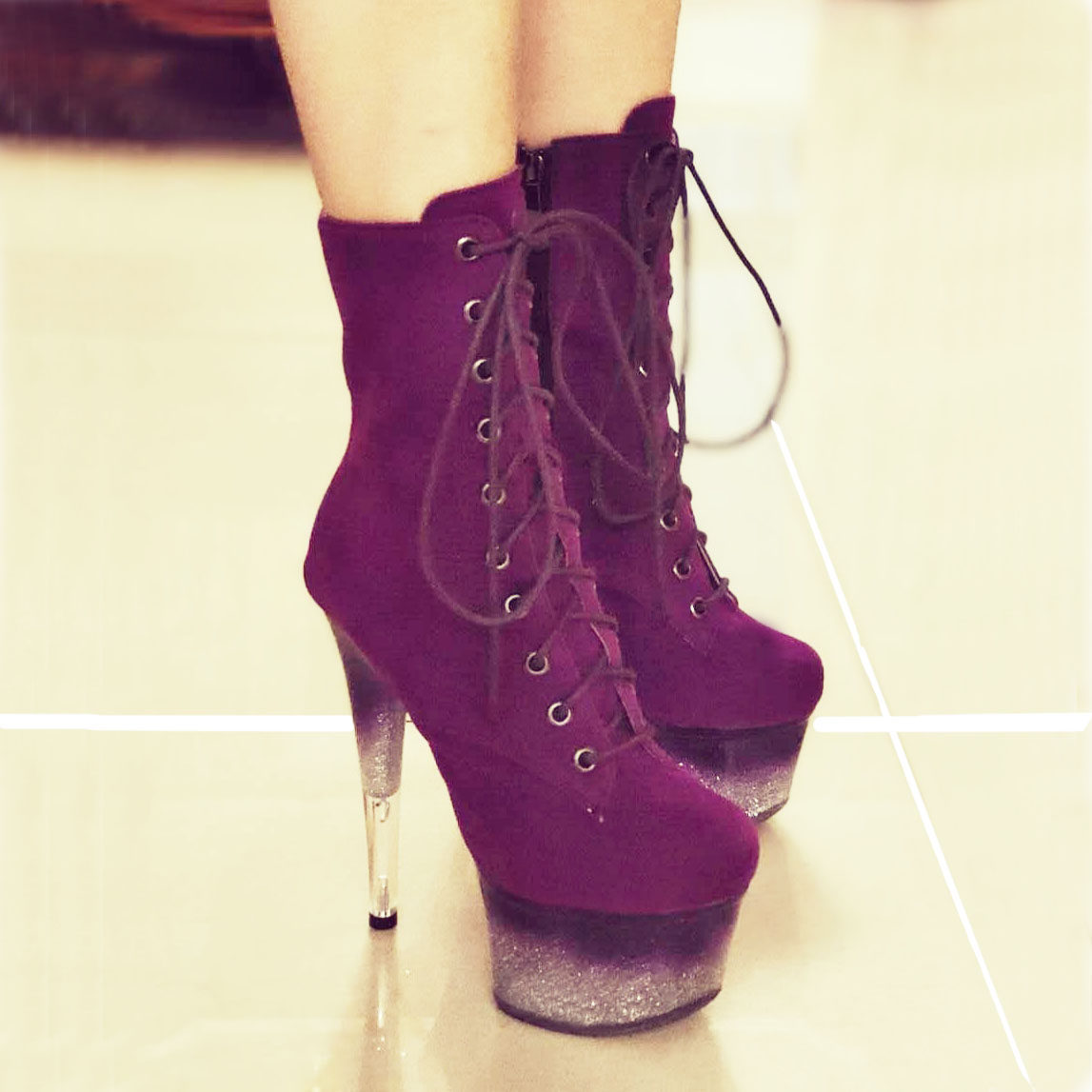 idealma模特超高跟鞋钢管舞靴夜店15厘米防水台短靴黑绒马丁靴