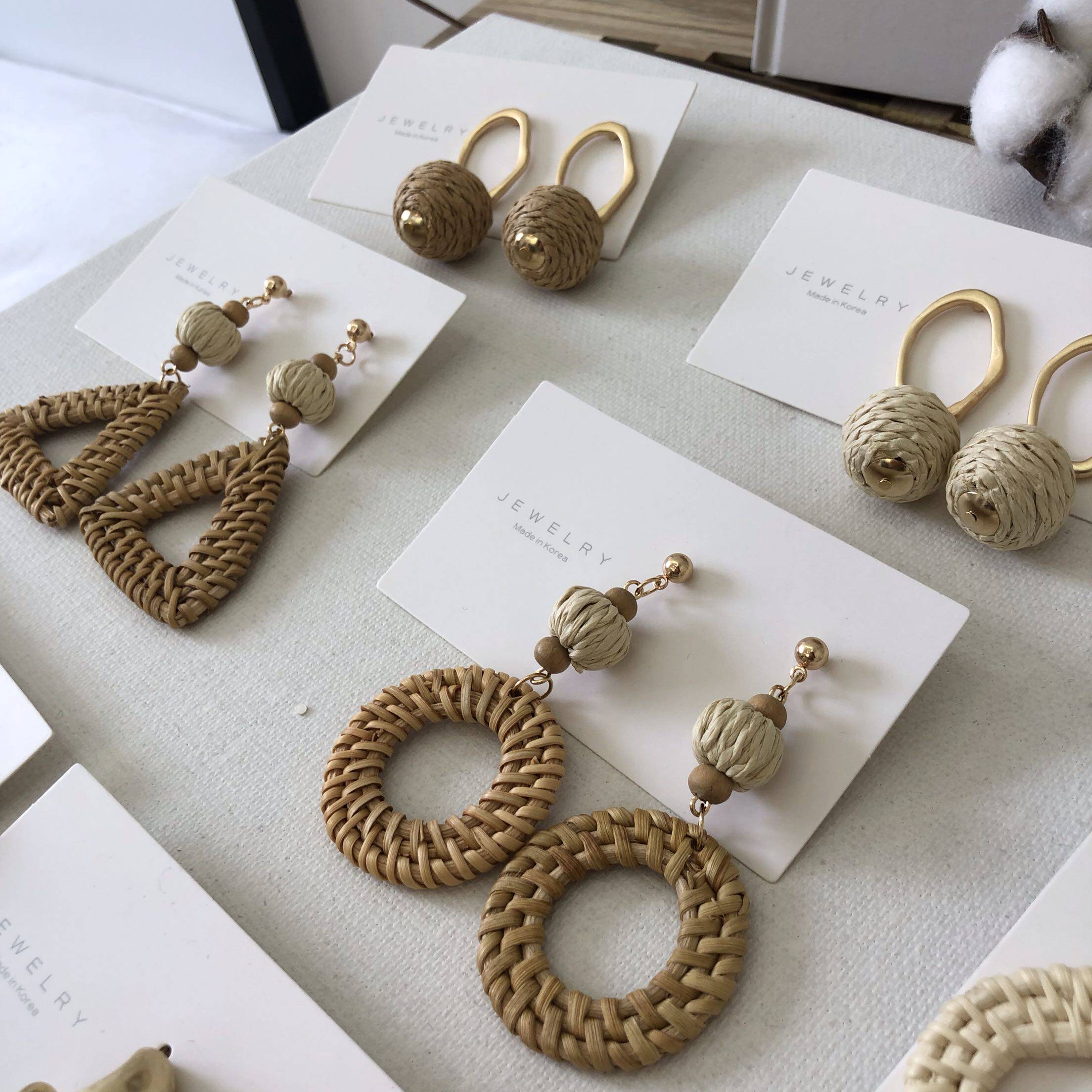 ins手工草藤编织耳环复古拉菲草度假风沙沙滩耳环