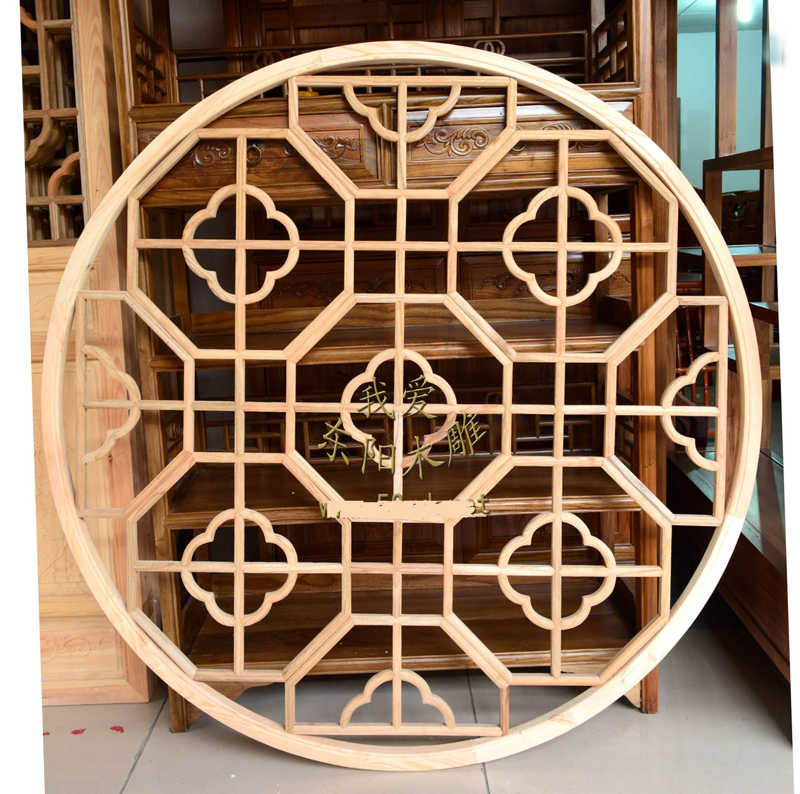东阳木雕实木仿古圆形海棠花中式窗户隔断120厘米木雕