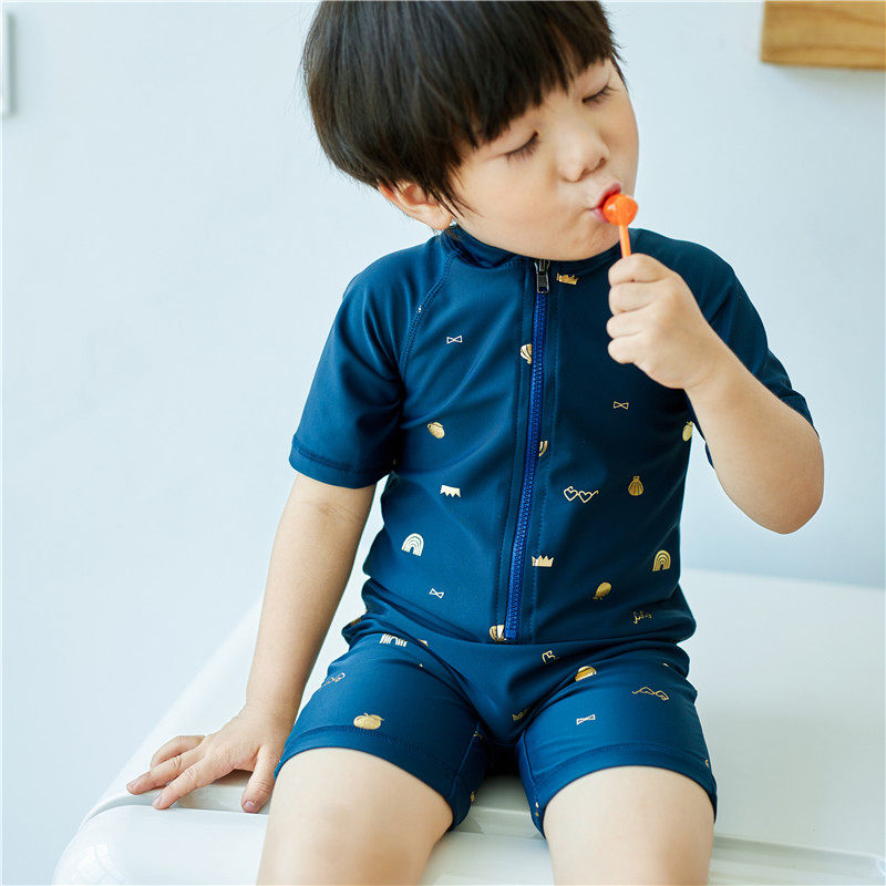 游泳衣儿童男童连体ins深蓝防晒男宝宝儿童泳装男 童 婴儿泳衣0