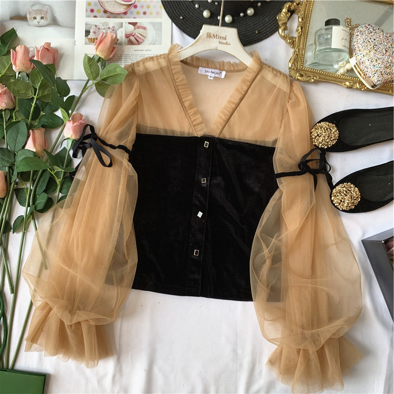 Chen Mimi 法式复古赫本风 高贵丝绒拼接网纱灯笼袖洋气衬衫上衣