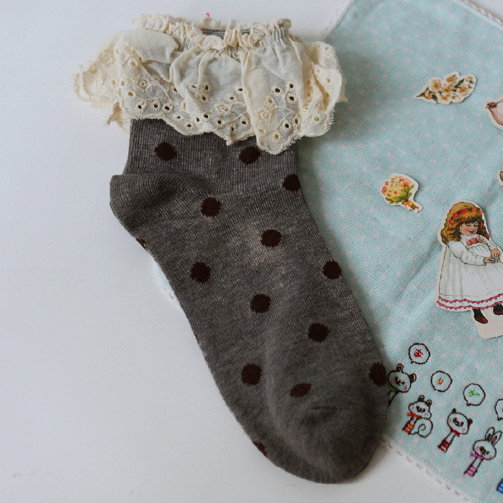 caramella日系蕾丝花边短袜全棉提花小圆点女士棉袜袜子