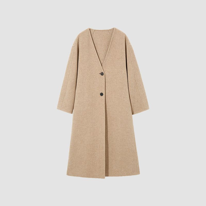 播毛呢外套冬新款厚衣服a型简约文艺v领双面呢子大衣女ddo4ad4335