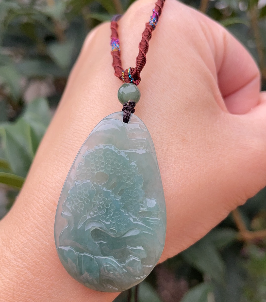 杨玉家天然缅甸翡翠糯冰种油绿山水牌挂件吊坠证书颈饰