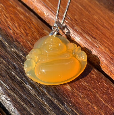杨玉家天然黄龙玉玻璃种鸡油黄大肚弥勒佛925银锁骨吊坠证书包邮