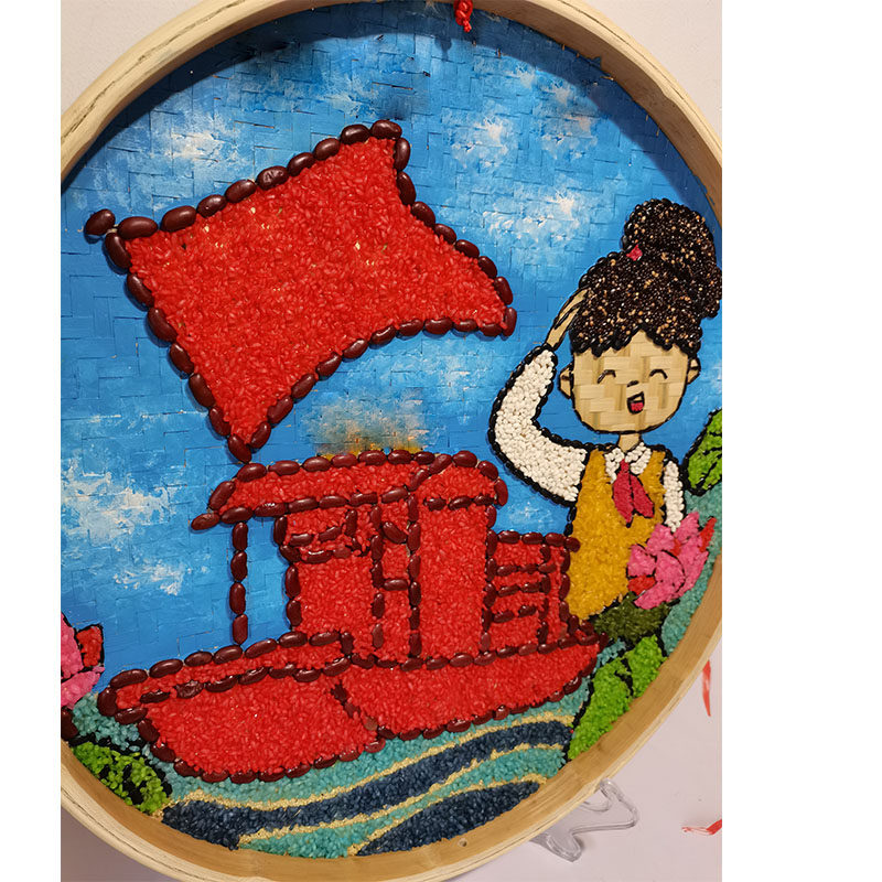 五谷杂粮豆子米画竹筛画蓝天女孩半成品粮食厘米直径手工创意粘贴类