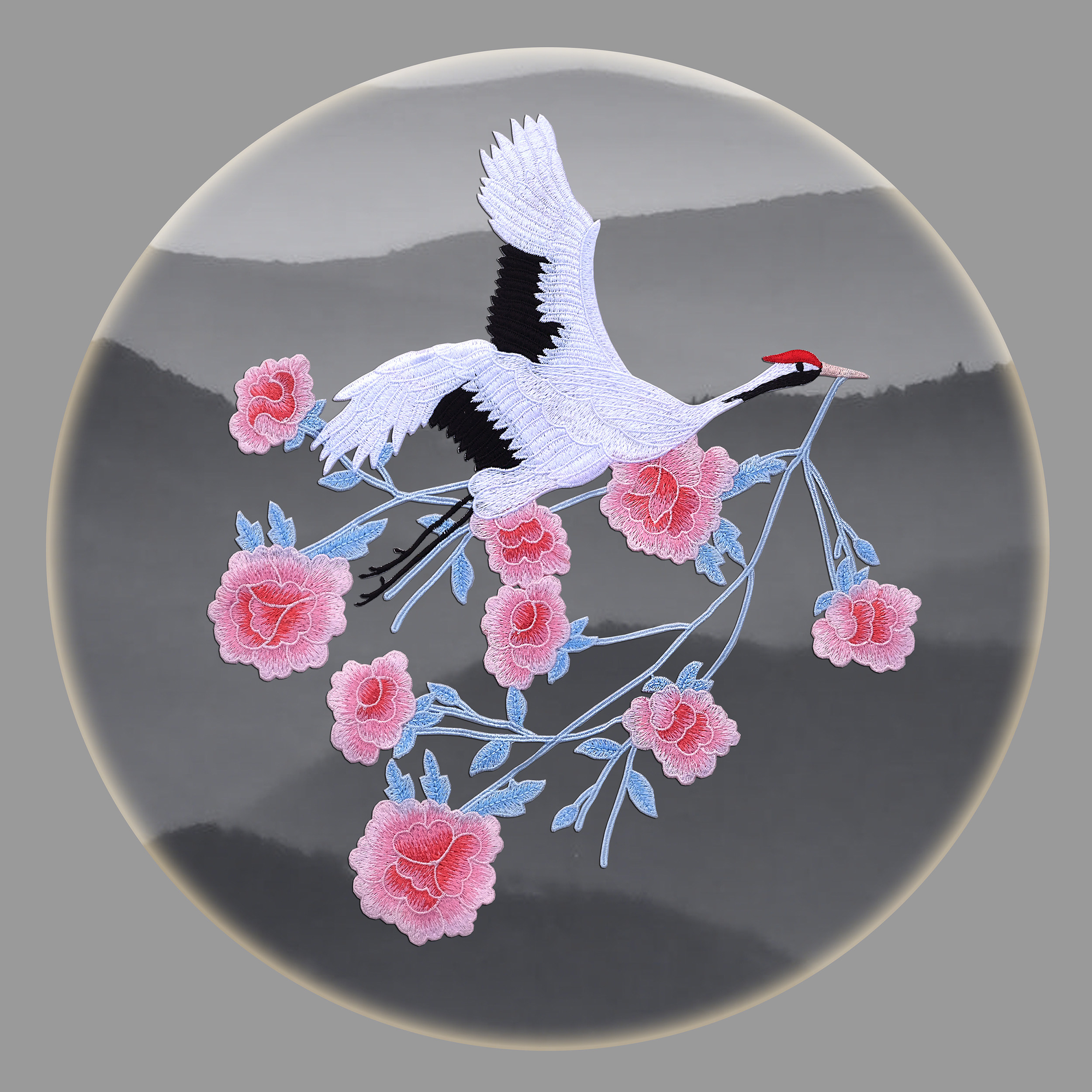 雪鹤送暖领绣水溶仙鹤布贴电脑刺绣衣服补丁布贴