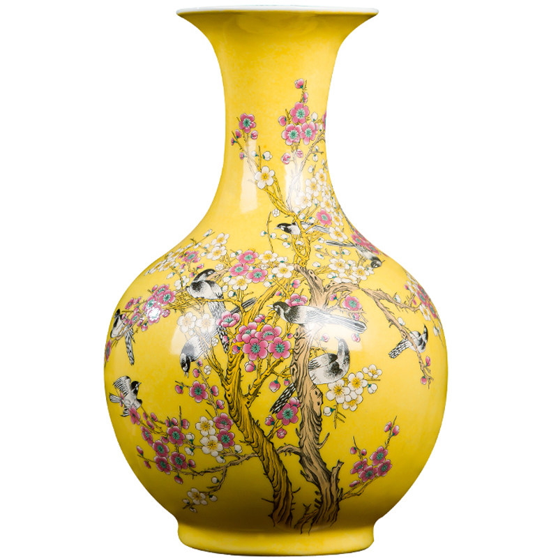 景德镇陶瓷器黄色喜上眉梢粉彩花瓶赏瓶现代时尚家居客厅新房摆件