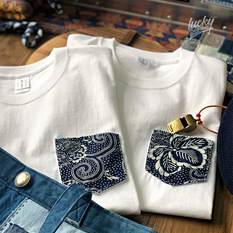 蓝染民族风口袋贴布刺子绣白色圆领短袖T恤无缝桶织重磅体恤男夏