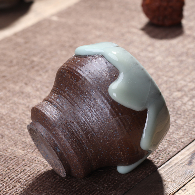 手工功夫功夫茶茶杯台湾老岩泥粗陶窑变流釉滴茶杯