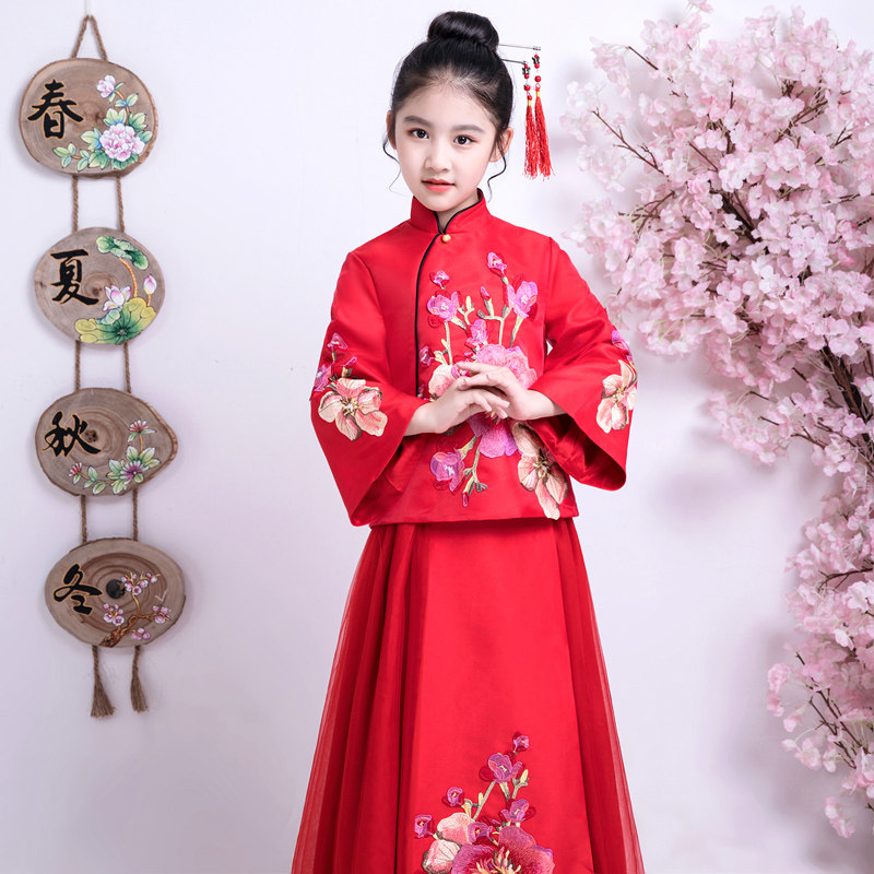 秋冬季儿童古装礼服长袖春节拜年红色女童旗袍秀禾唐装古筝演出服