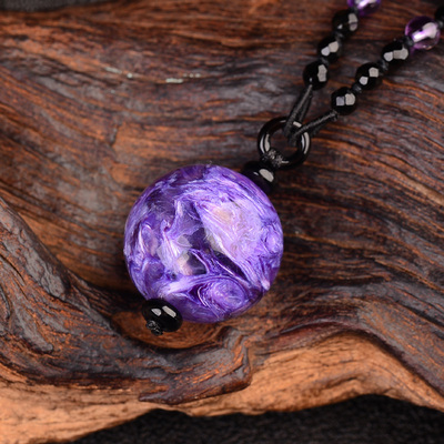 天然紫龙晶珠吊坠稀有老坑料查罗石单圆珠大龙项链男女项坠