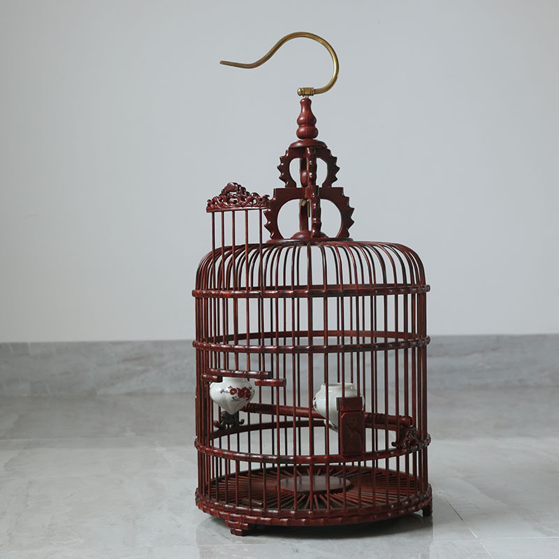 印度小叶紫檀鸟笼子红木画眉手工雕刻鹦鹉八哥绣眼鹩哥圆鸟笼大号-mc