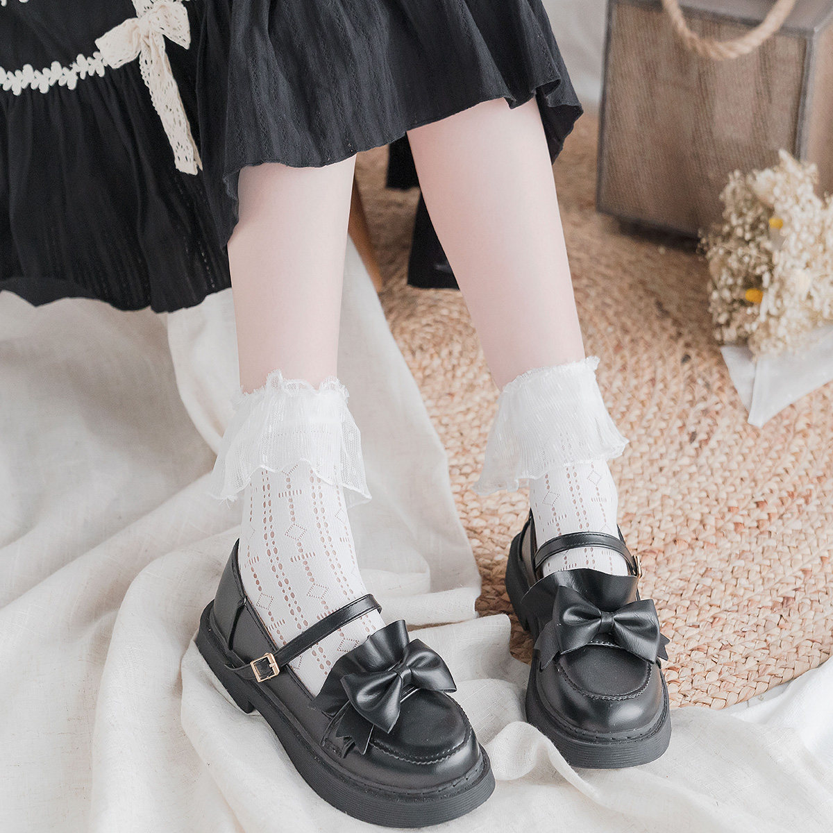 原创自制十字洛丽塔镂空蕾丝蕾丝花花边可爱短袜lolita洛丽塔袜子