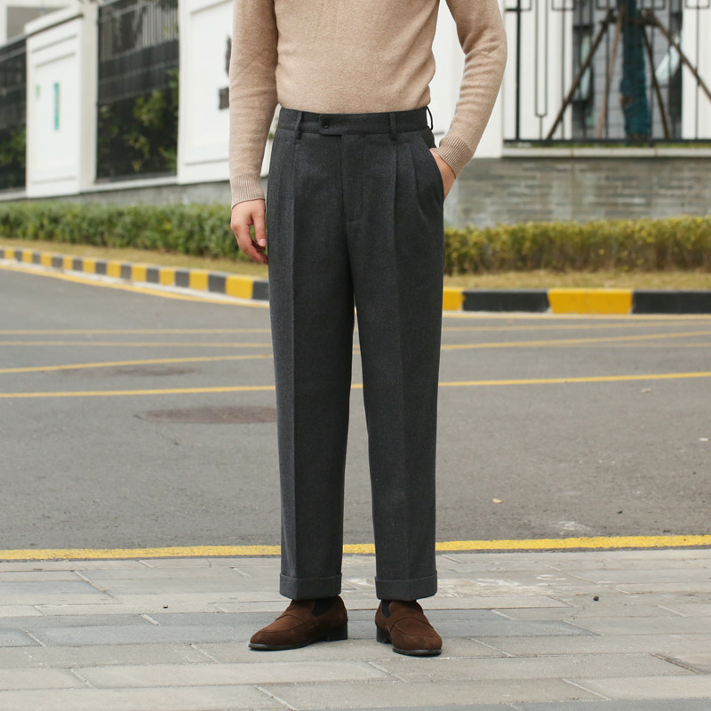 新款羊毛呢英伦风阔腿裤九分裤休闲西裤复古高腰裤潮男宽松