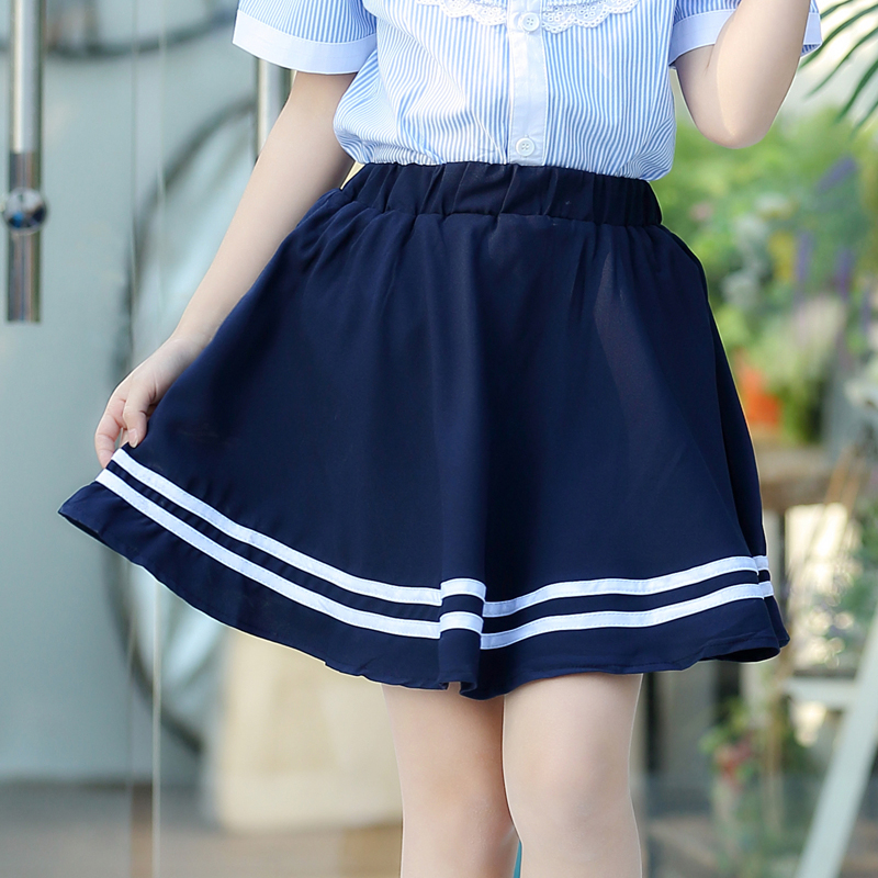 女童半身中大儿童短裙夏季深蓝色校服雪纺学院半身裙