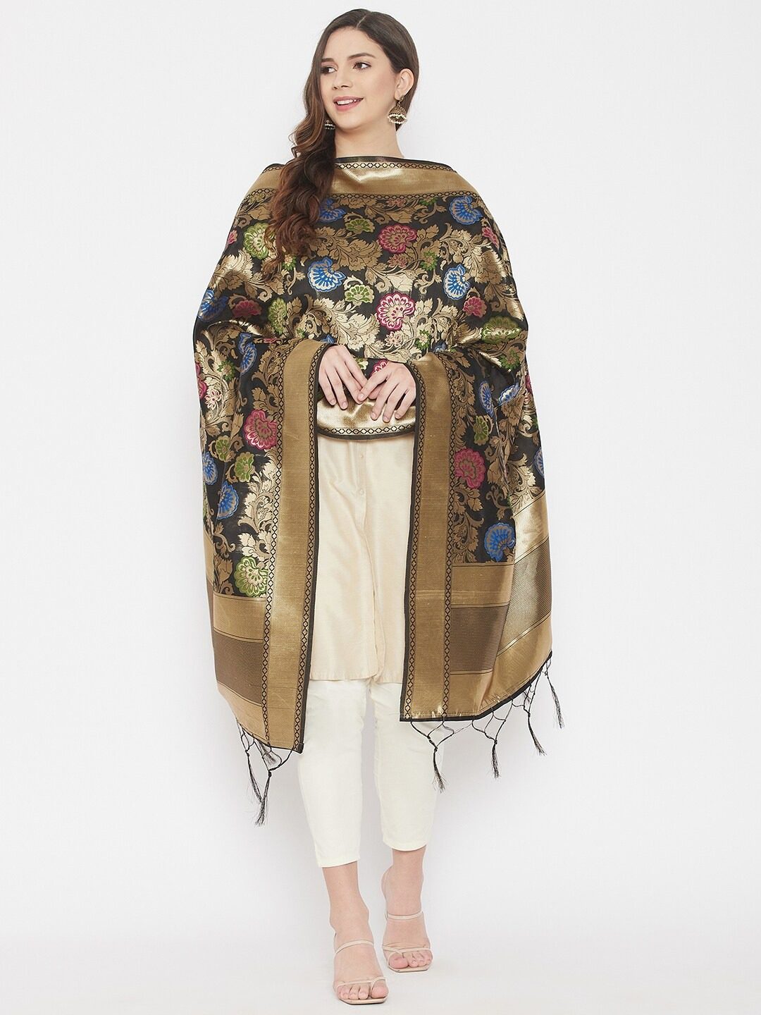 印度进口民族风纱丽丝绵提花暗绣围巾旅游穿搭围巾