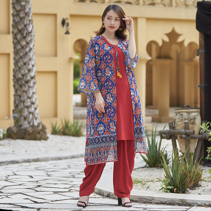 野人人小印度女装民族风纯棉旁遮件套中长红色民族服装