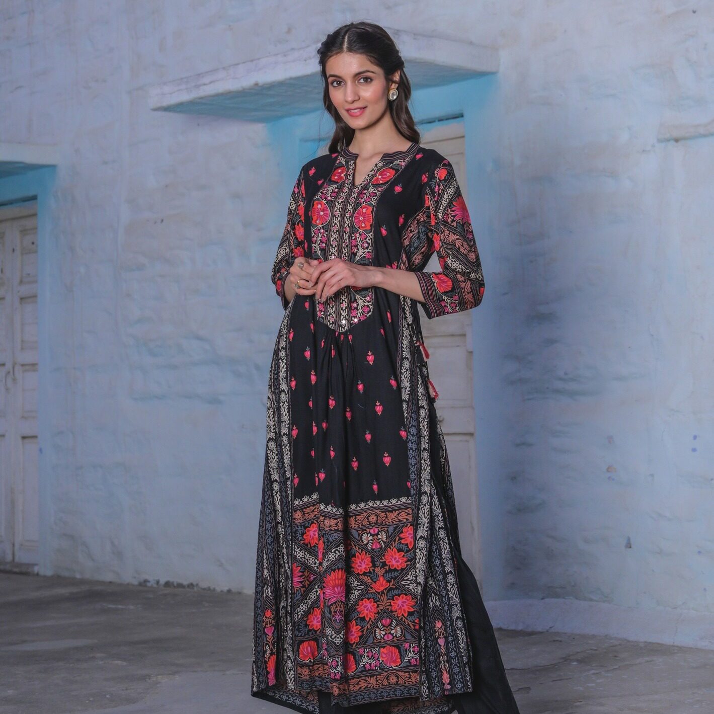 野人人小印度女装套装民族风印花绵绸件套黑色民族服装