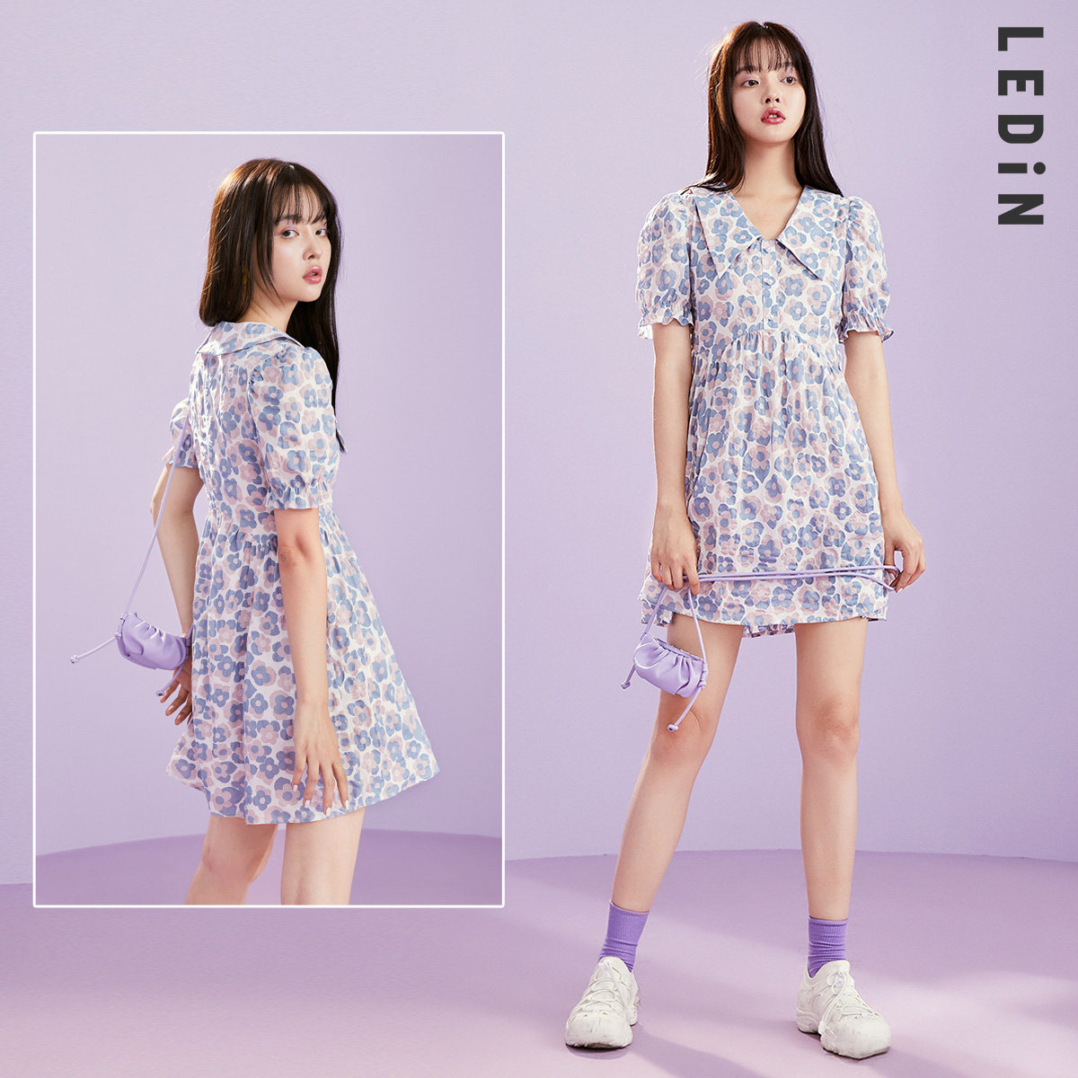 雪纺连衣裙新品乐町2021新款春季尖领花朵气质连衣裙