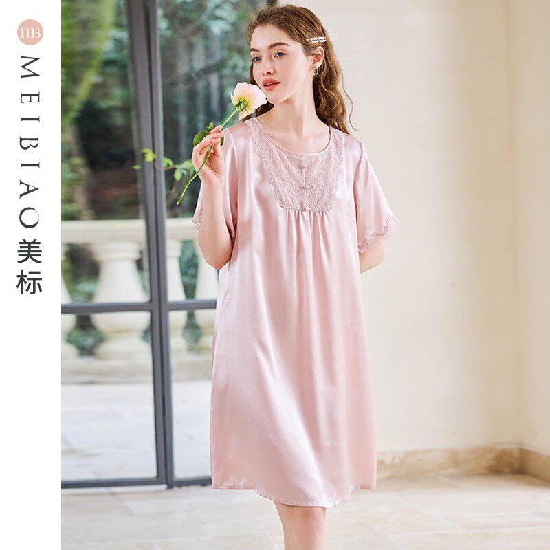美标新款短袖真丝睡裙夏季重磅6a级桑蚕丝睡裙