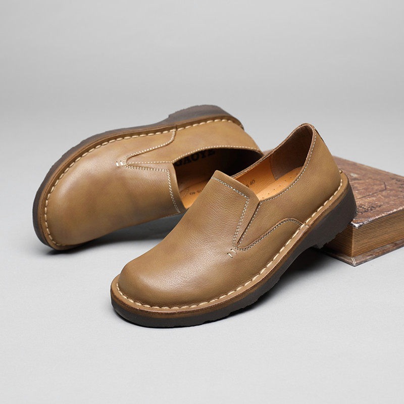 头层牛皮真皮男圆头宽头大头皮鞋复古套脚工装工装鞋