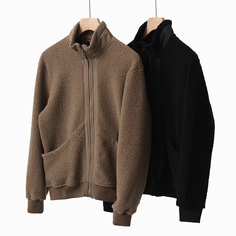 大口袋 加绒夹克 男士螺纹拼接加绒保暖软立领外套k