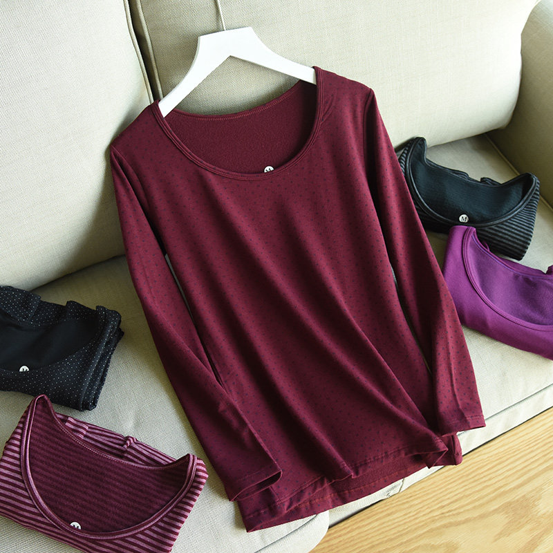 薄绒秋衣 女士高弹力长袖圆领上衣 打底 秋冬保暖衣 修身内衣