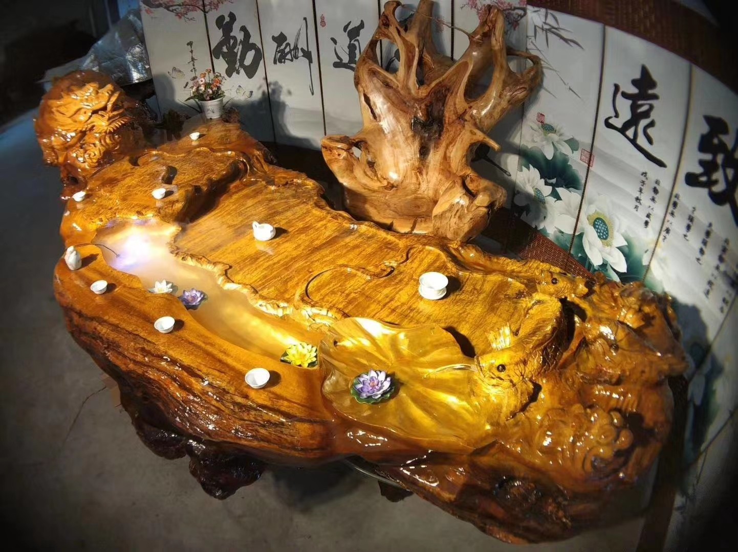 黄金根雕茶几原木整体树根工艺品雕龙流水茶台根雕茶几