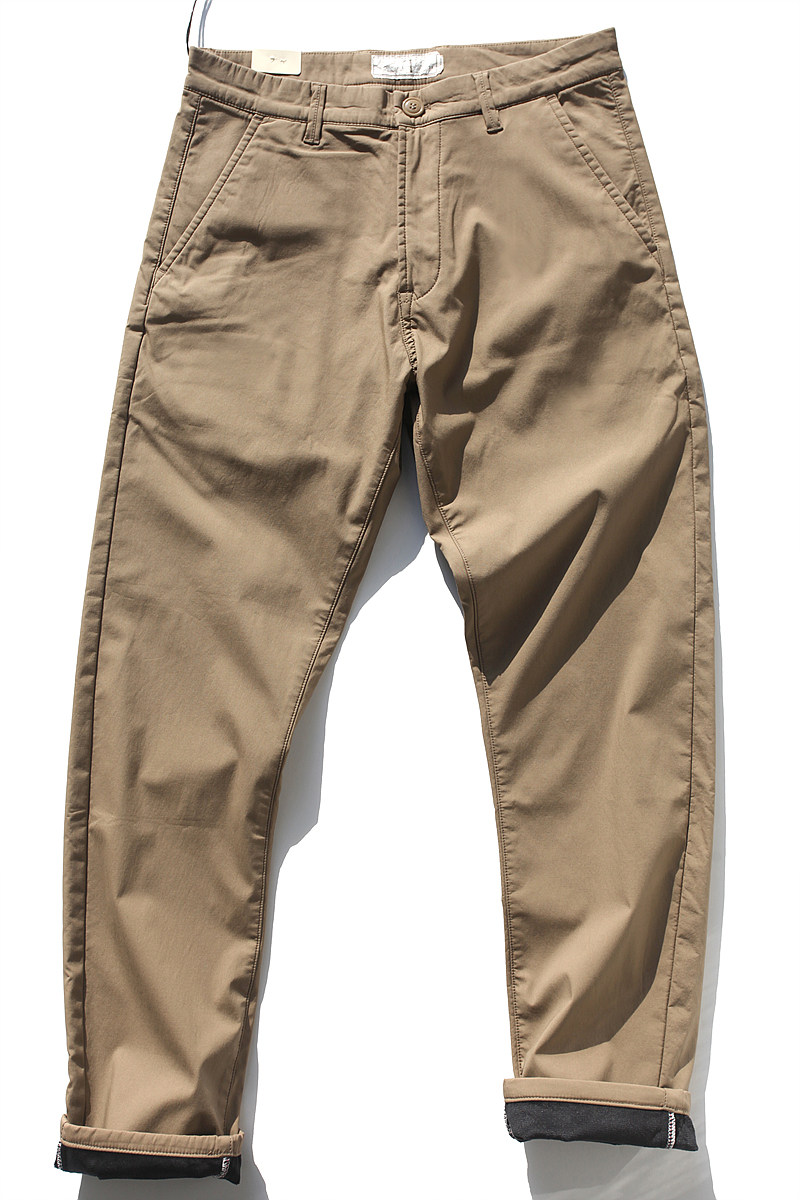 日系加绒带绒工装裤男chino休闲裤冬加厚棉宽松休闲弹力直筒裤潮