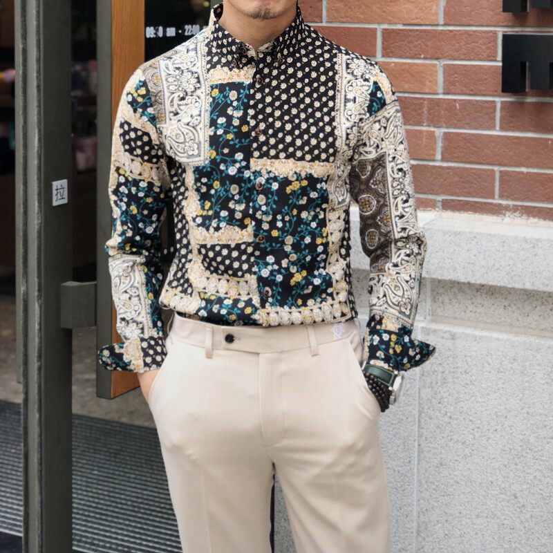 2019春夏季薄款男士修身长袖花衬衫韩版复古休闲时尚英伦花衬衣潮