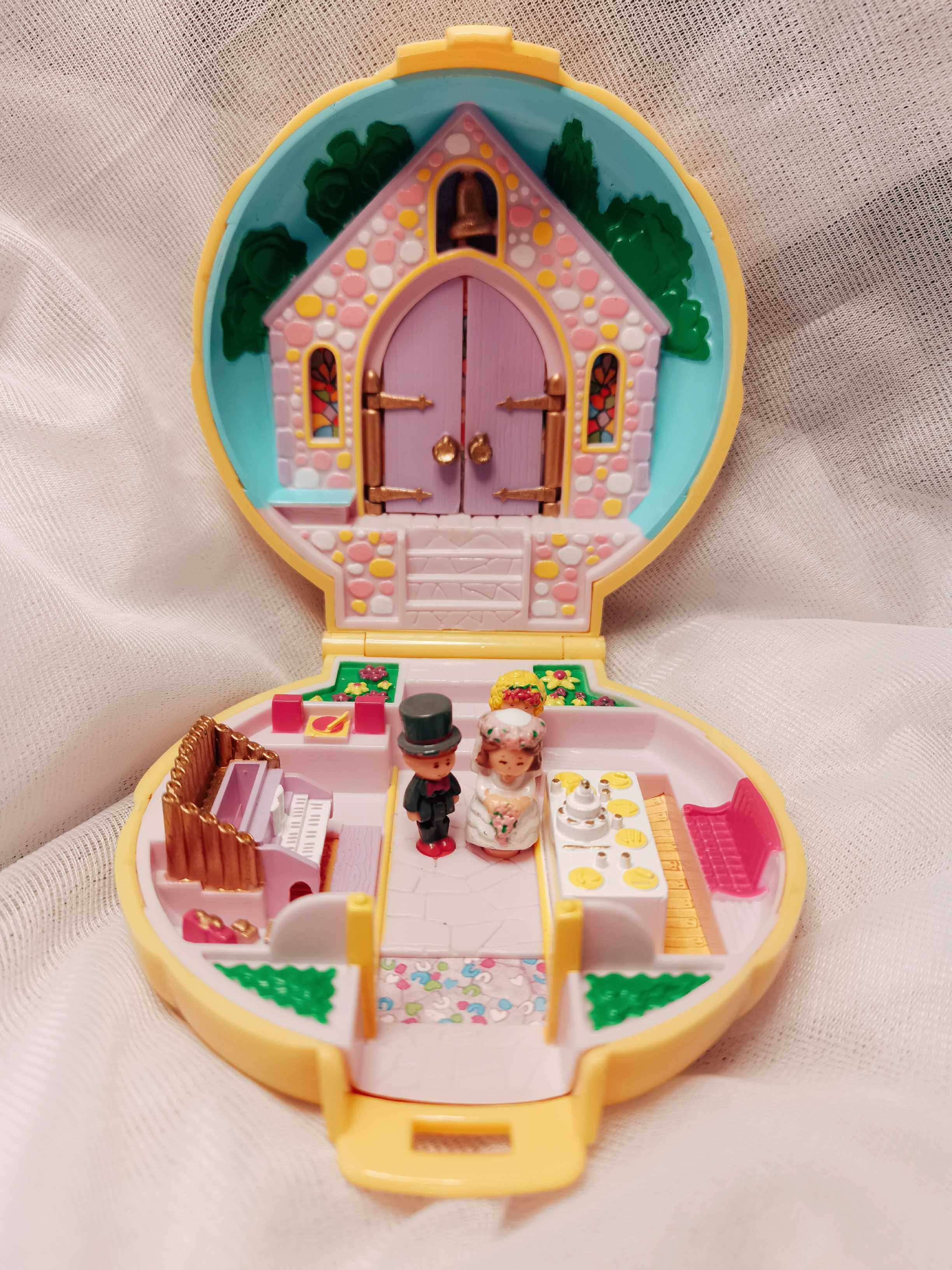 1989年pollypocket波利口袋黄色贝壳婚礼盒子古董过家家玩具