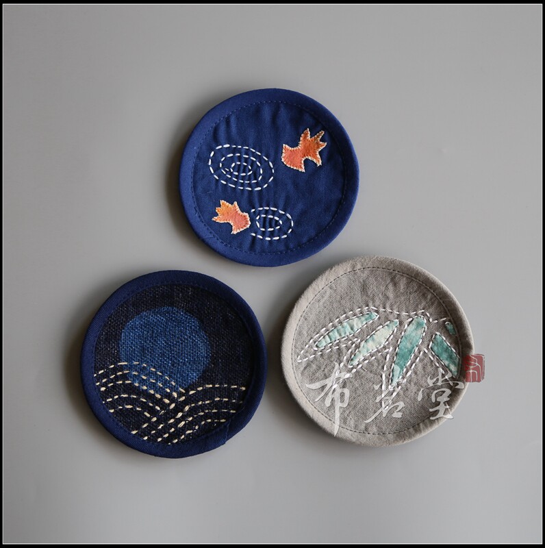 杯垫布茗堂手工贴布棉麻植物蓝染布艺茶垫杯垫