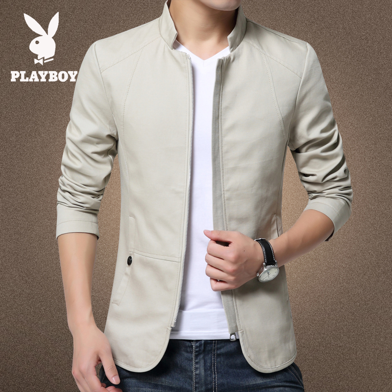 花花公子春秋季纯棉休闲立领夹克男士青年百搭修身薄款开衫外套